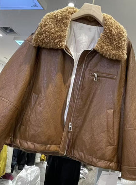 羊羔毛翻领pu皮羽绒服女冬季新款韩版宽松显瘦加厚保暖夹克金0.84