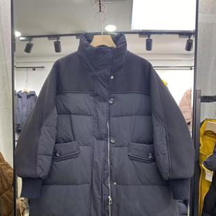 百搭宽松休闲保暖外套1.05 新款 毛呢拼接立领羽绒服女中长款 冬季