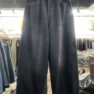 高腰宽松显瘦百搭休闲弯刀裤 新款 女冬季 加绒加厚阔腿牛仔裤