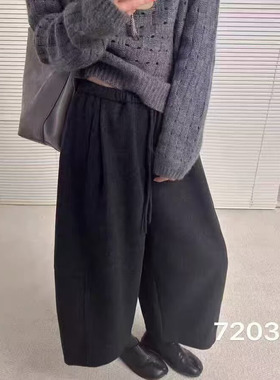 羊绒加厚阔腿裤女冬季新款松紧腰系带百搭宽松休闲九分裤霞0.84