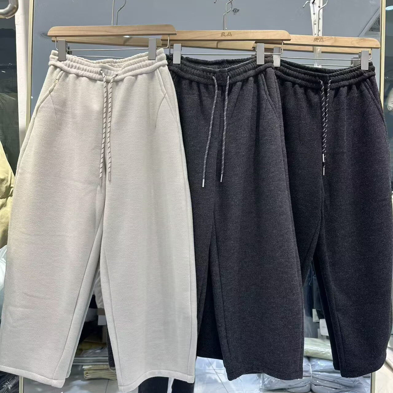 羊毛呢加厚阔腿裤女冬季新松紧腰抽绳百搭宽松休闲弯刀裤良0.78