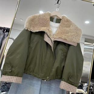 新款 格子拼接羊羔毛大翻领羽绒服女冬季 宽松显瘦加厚保暖外套