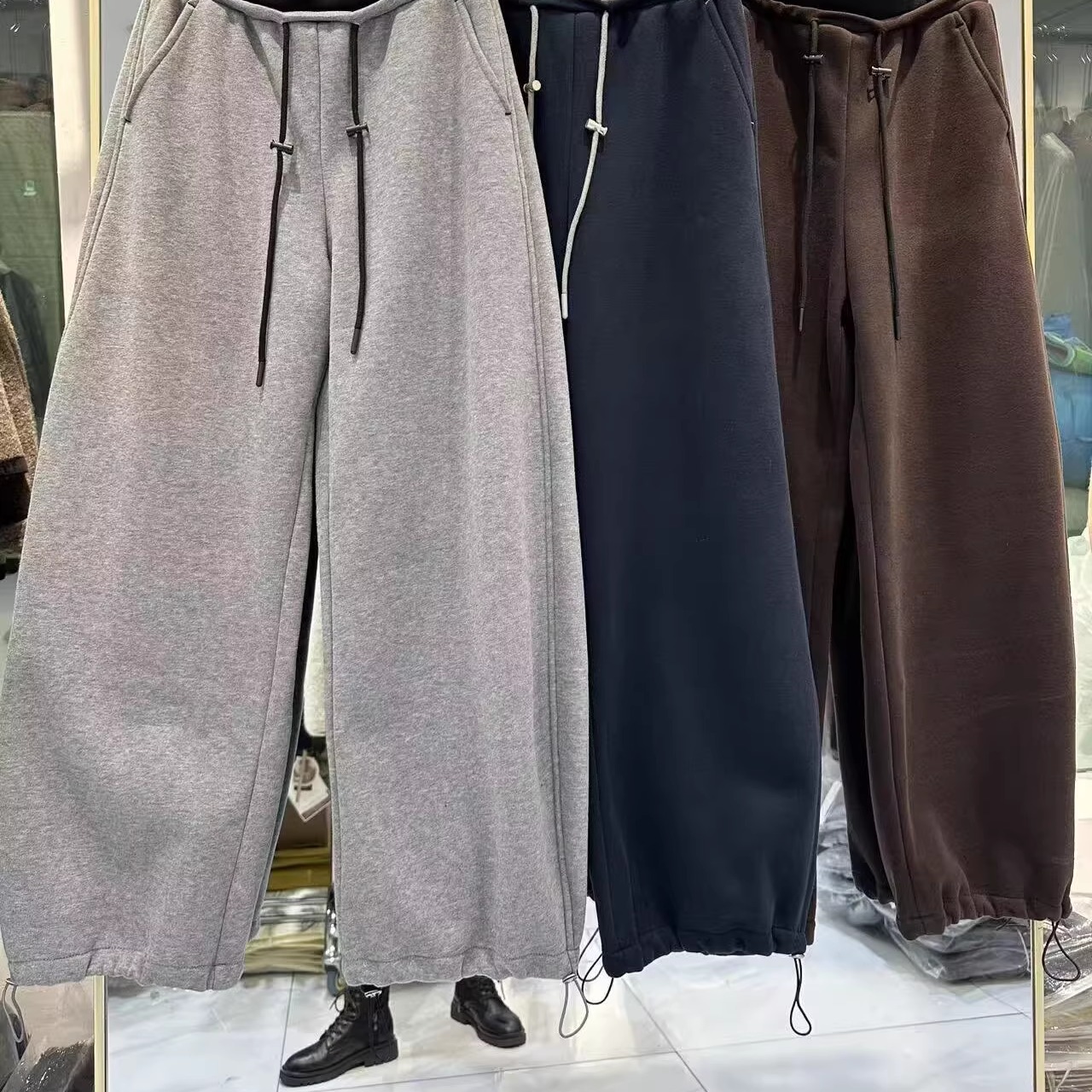 加绒加厚弯刀裤女冬季新款拼色高腰百搭休闲抽绳束脚卫裤良0.76