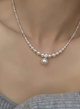 高级感碎银子金属珍珠项链女法式复古个性简约百搭气质颈链锁骨链