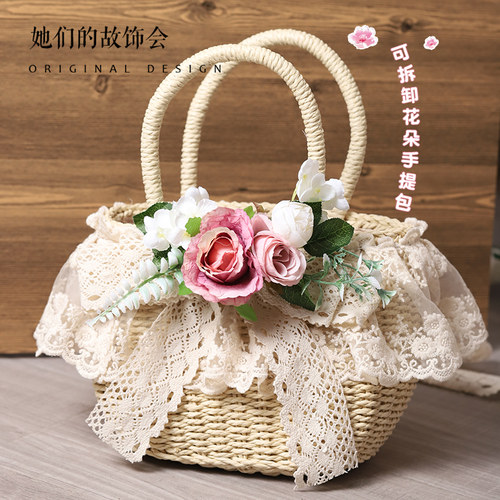 原创手作草编包lolita仿真花田园