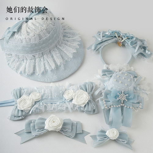 圣诞g蓝色蕾丝花边珍珠发饰