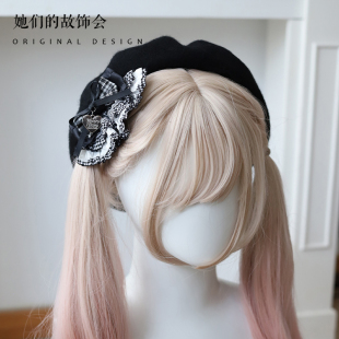 日系Lolita原创复古黑白格子少女贝雷帽2024冬季温柔风蝴蝶结帽子