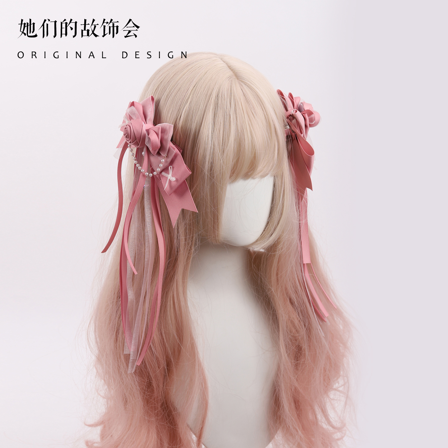 甜美风玫瑰蝴蝶结发夹