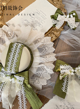 洛丽塔头饰手作铃兰绿色蕾丝发饰若草色蝴蝶结发夹原创LOLITA发带