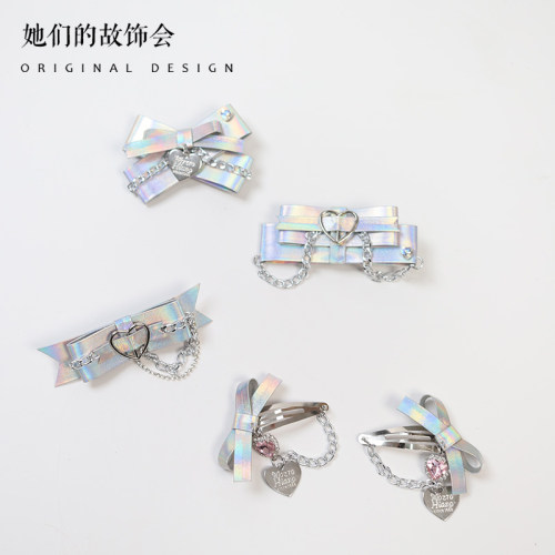 y2k银色链条爱心对夹原创手作发饰pu皮辣妹蝴蝶结金属质感发夹女