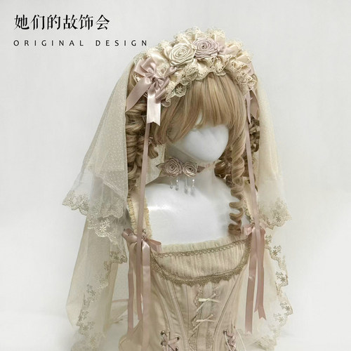 灯影手作小物Lolita发饰发夹花丸头纱蝴蝶结蕾丝生成色香槟色发带