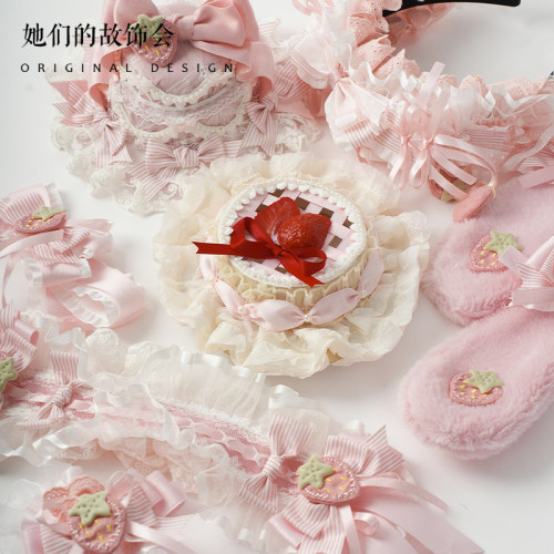 条纹草莓Lolita发饰套装发带胸针