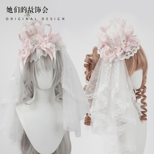 圣诞h粉色手作小物皇冠礼帽头纱Lolita发饰kc发带蝴蝶结发夹对夹