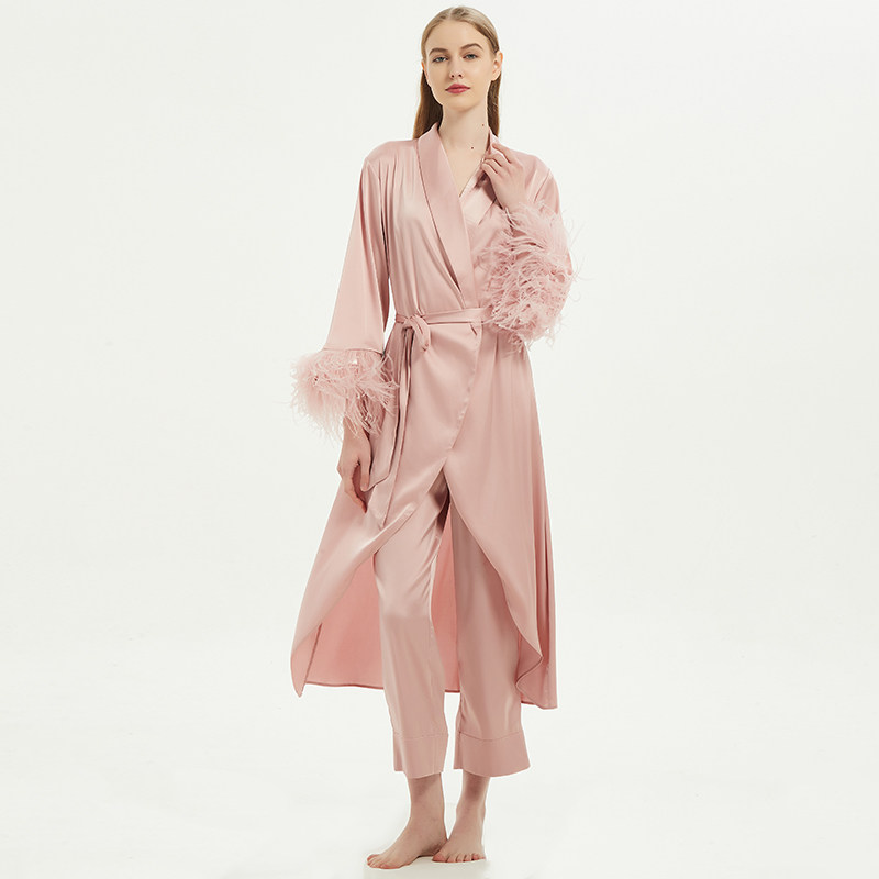 Beauty小姐吴昕同款睡衣粉色羽毛睡裙家居服套装女长袖长裤睡袍