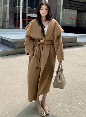 大也CHI2025秋冬慵懒风宽松大翻领双面呢羊毛大衣驼色毛呢外套