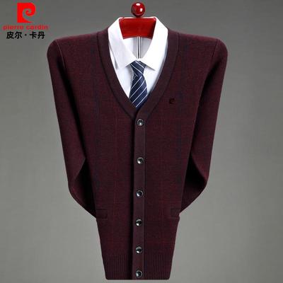 皮尔卡丹羊绒衫男开衫外套冬季厚