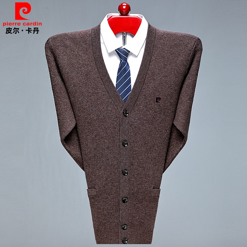 皮尔卡丹羊绒衫男v领针织开衫中老年人羊绒衣单排扣爸爸毛衣外套