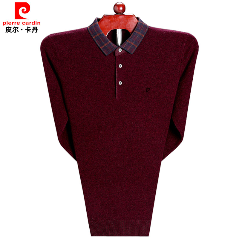 皮尔卡丹羊绒衫男翻领薄款中年商务爸爸纯羊绒毛男士针织打底毛衣