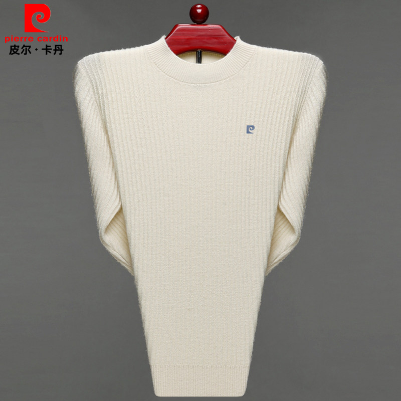 皮尔卡丹白色羊绒衫男圆领春秋薄款打底针织毛衣中年男士内搭上衣