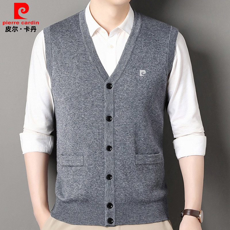 皮尔卡丹羊绒背心男V领单排扣毛织马甲男士春秋商务休闲针织开衫