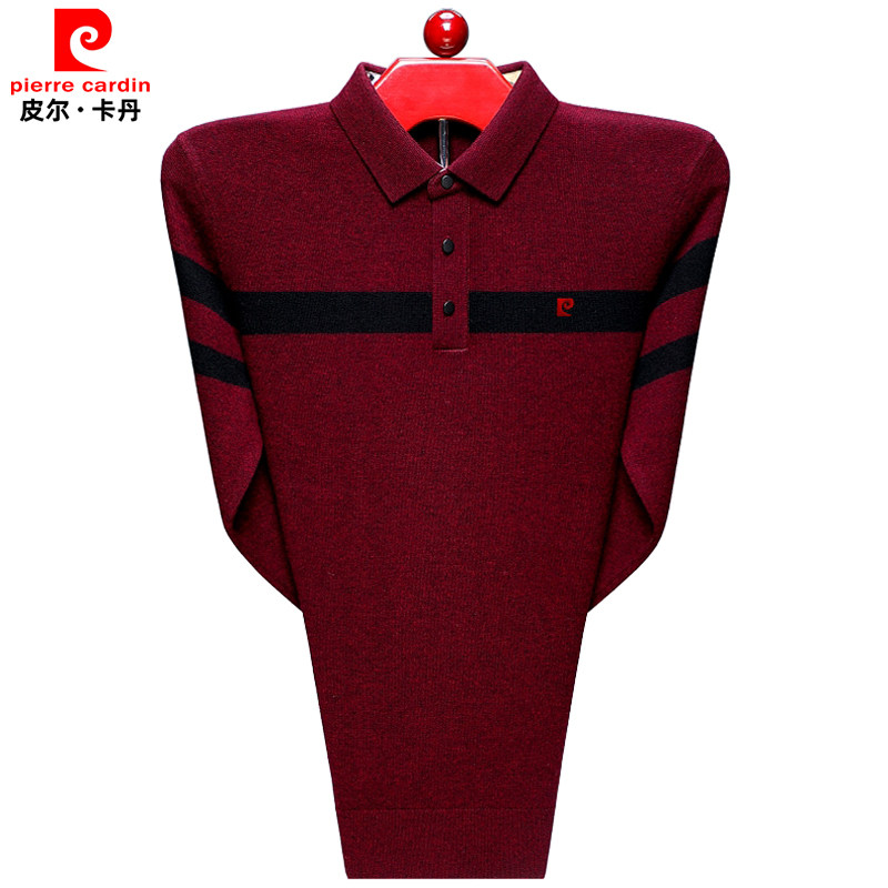 皮尔卡丹羊绒衫男翻领条纹针织衫中年男士毛衣薄款羊毛百搭打底衫