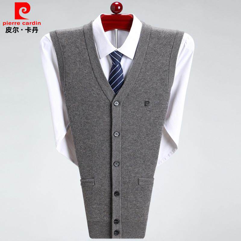 皮尔卡丹羊绒背心男冬季加厚V领坎肩中年爸爸装无袖大码毛衣开衫