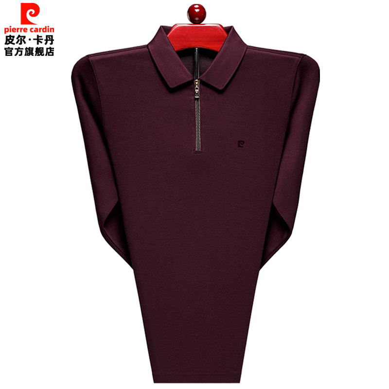皮尔卡丹中老年长袖t恤男士商务休闲上衣服高端薄羊绒打底衫拉链