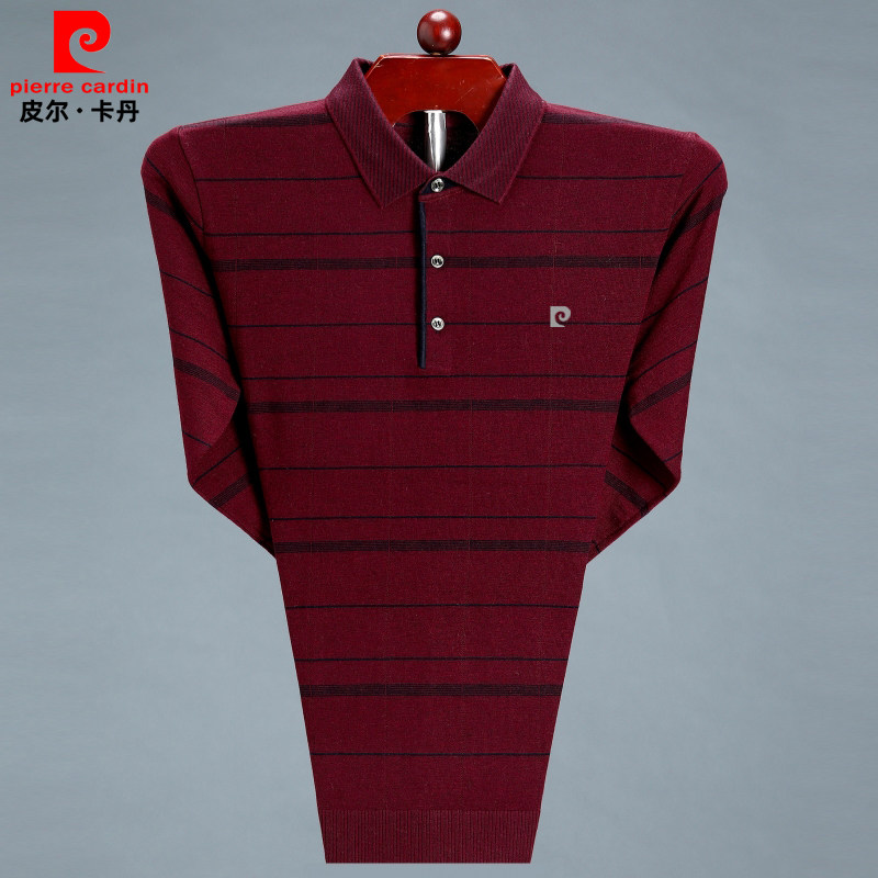 皮尔卡丹男士长袖t恤2026春秋款条纹打底衫爸爸装商务羊绒polo衫