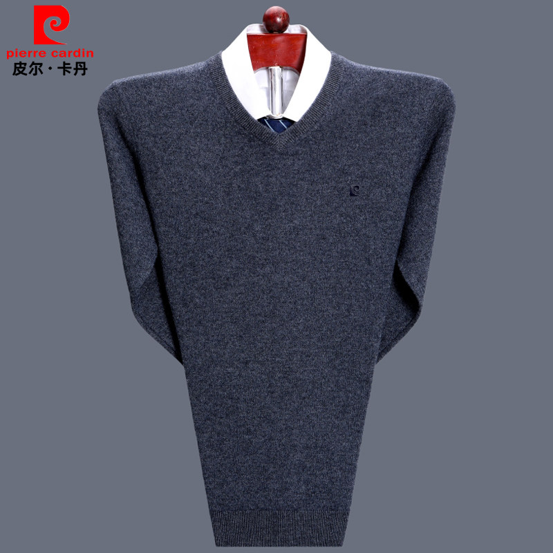 皮尔卡丹100纯羊绒衫男v领加厚打底毛衣中年商务鸡心领针织衫大码