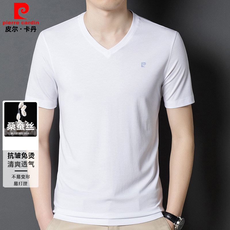 皮尔卡丹V领短袖t恤男夏季休闲桑蚕丝上衣男士薄款大码白色体恤衫