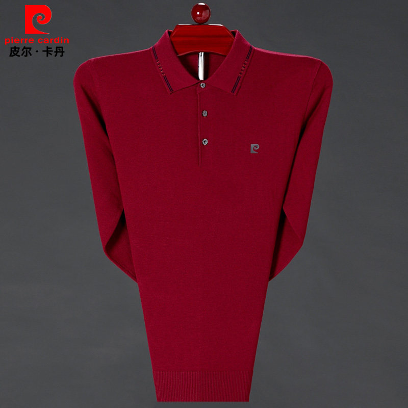 皮尔卡丹男士长袖t恤商务宽松红色薄款羊绒针织打底衫男款polo衫
