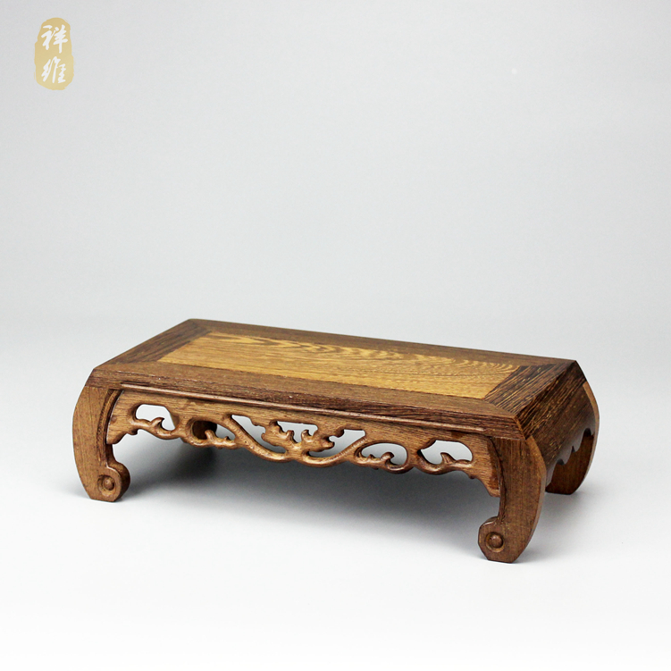 鸡翅木实木雕花盆摆件石头佛像长方形底座红木工艺品古玩古典木托