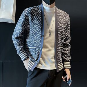 秋季针织开衫2022新款时尚潮流提花毛衣男士休闲百搭短款上衣外套