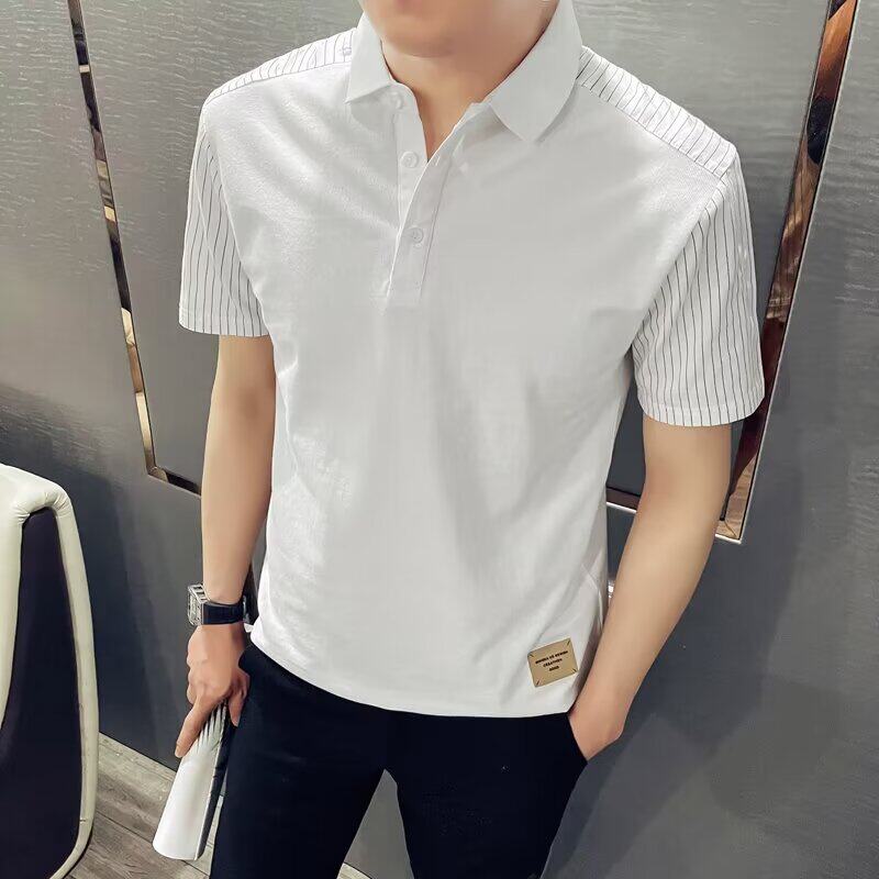 男士高级感拼接条纹保罗衫潮翻领T恤