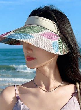 印花树叶空顶帽子女夏季大檐遮阳防晒帽海边度假出游发箍款太阳帽