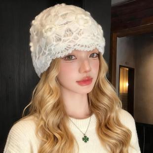 日系甜美蕾丝镂空花朵包头帽女小众文艺时尚百搭手工钩花针织帽子