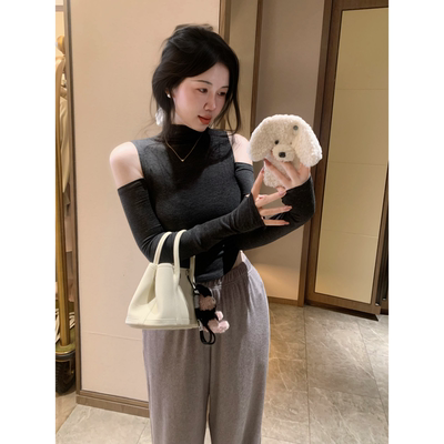 打底衫漏肩显瘦高领打底衫