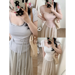 【11.9开59元3件】4.11甜甜可颂 朵心棉系列木耳边短袖+挂脖背心