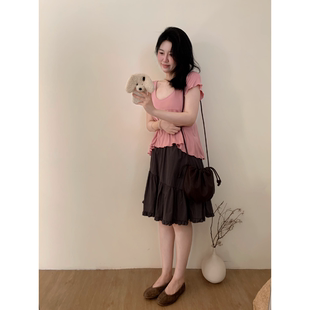 城南边儿6.27木耳边檀木色纯棉中裙松紧腰A字裙文艺氛围感显白瘦