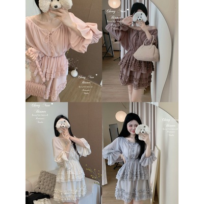 雪纺微透花团边露肩套装蓬蓬短裙