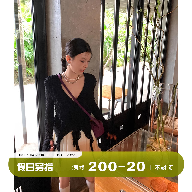 DULA好好家泡泡纱下摆不规则衬衫女夏季2024新款荷叶边显瘦上衣-封面