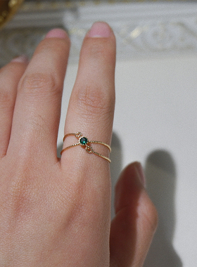 UNELGE手作新品订做交叉小钻祖母绿复古戒指精致简约日常14k包金