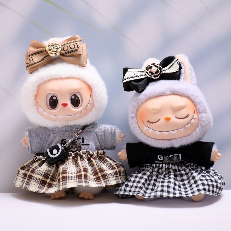 格子裙套装娃衣一二代挂件labubu衣服猫咪T恤拉布布着替前方高能
