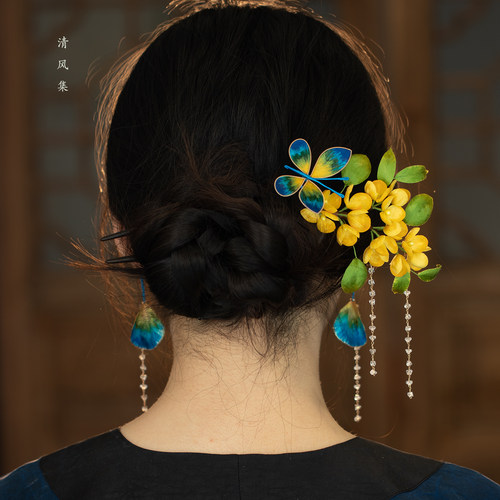 非遗绒花发簪桂花双钗檀木簪子