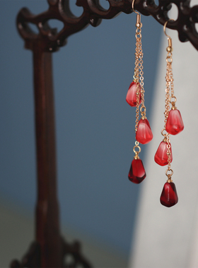 清风集原创古风耳环长流苏气质红色新年节日耳饰日常可爱耳坠耳夹