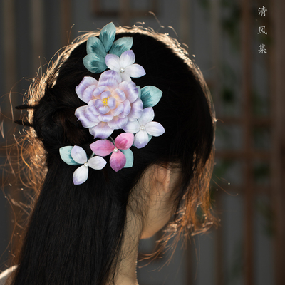 非遗绒花发簪双钗檀木簪子旗袍汉服头饰