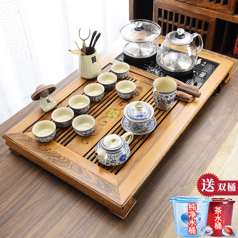 鸡翅木实木茶盘茶具套装家用简约高档一体带蓝光底上水客厅泡茶台