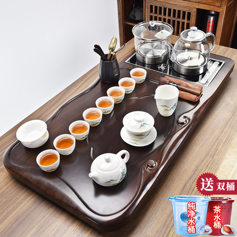 整板黑檀实木茶盘整套全自动茶具套装家用简约高档一体底上水茶台