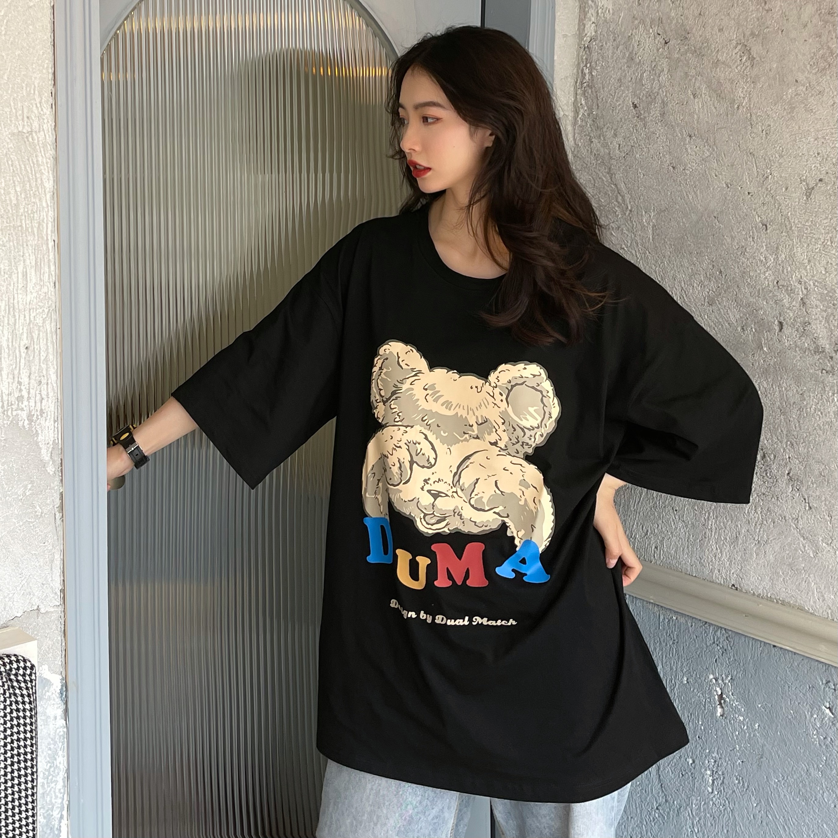 實拍2021夏情侶短袖t恤小熊普通上衣美式復古oversize