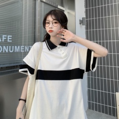 實拍2021夏裝個性拼接破洞寬鬆Polo短袖T恤女